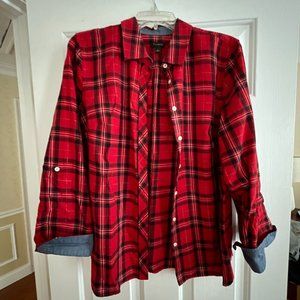 Talbots Red Plaid Long Sleeved Roll Up Shirt (Large)